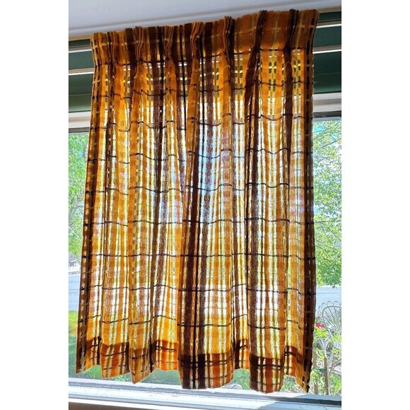 Vintage 70s pleated curtains, orange, yellow, brown plaid, pair of mesh panels - Picture 3 of 10